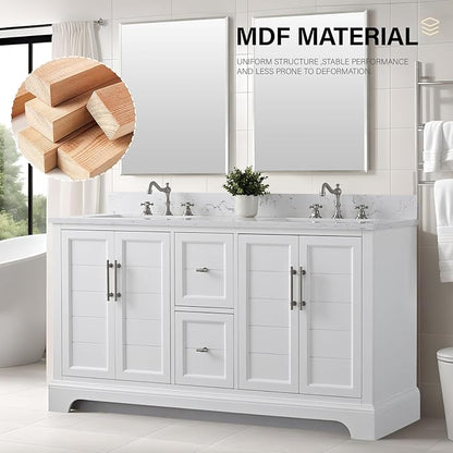 HOMEBEYOND 60 Inch Bathroom Vanity with Double Sink & Ceramic Top, Vanity Cabinet with Center Countertop Basin, Soft-Closing Doors, Backsplash,White