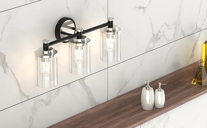 Bathroom Lighting Fixtures Black and Brushed Nickel Bathroom Vanity Light with Cylindrical Clear Stripes Glass Lampshade E26 Socket Base Bathroom Lighting Fixtures Over Mirror (3 Lights)