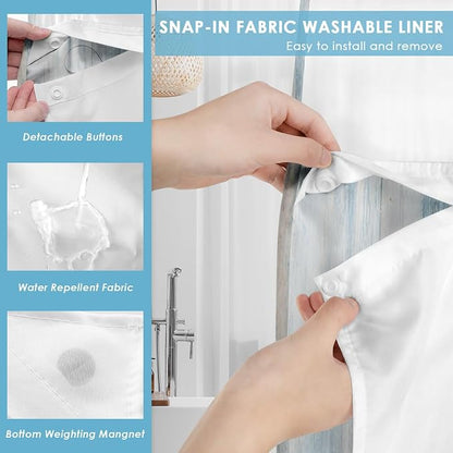 No Hook Shower Curtain with Snap in Liner 71x74 Inch Daisy Floral | Wooden Rustic Blue Modern Double Layers Waterproof Fabric with See Through Top Window Open Grommet Bath Curtain