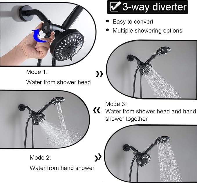 3 Handle Tub and Shower Faucet Set, Three Handle Shower Faucet with Tub Spout 3 Knob Bathtub Faucet Trim Kit with Valve, Matte Black