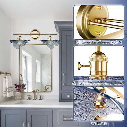 2 Light Vintage Wall Sconces with Glass Shades,Vanity Light,Bathroom Light,Wall Lighting Fixture for Mirror,Home Decor Art Wall Light (Golden+Blue, 2-Lights)