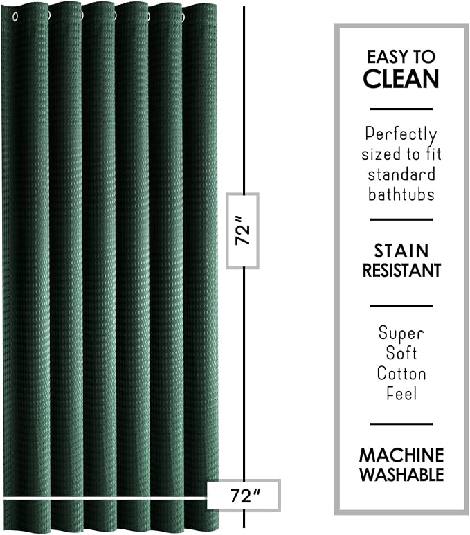 Clara Clark Hunter Green Shower Curtain - Hotel Quality Waffle Fabric Bath Curtain 72x72, Heavy Duty Waterproof Shower Curtains for Bathroom