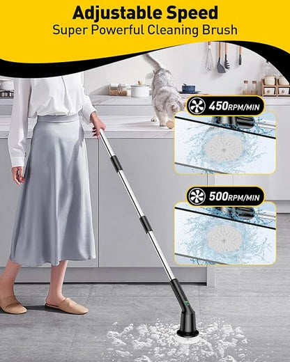 Electric Spin Scrubber for Bathroom, Shower Scrubber with Long Handle | Shower Cleaner Brushes, IPX7 Waterproof & 2 Speed, 8 Brush Heads, 90min Runtime, Bathroom Cleaning Supplies for Toilet Tub