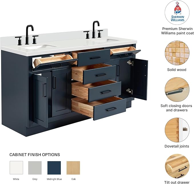 Isabella 66" Midnight Blue Double Bathroom Vanity, 1.5" Edge Pure White Quartz Countertop, Rectangular Undermount Sinks, 4 Soft Closing Doors, 6 Full Extension Dovetail Drawers