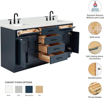 Isabella 66" Midnight Blue Double Bathroom Vanity, 1.5" Edge Pure White Quartz Countertop, Rectangular Undermount Sinks, 4 Soft Closing Doors, 6 Full Extension Dovetail Drawers