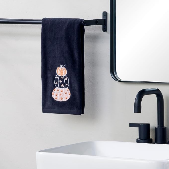 SKL Home Halloween Stacked Pumpkins 100% Cotton Embroidered 2pc Hand Towel Set, Decorative for Bath/Kitchen/Bar & Gift, Black