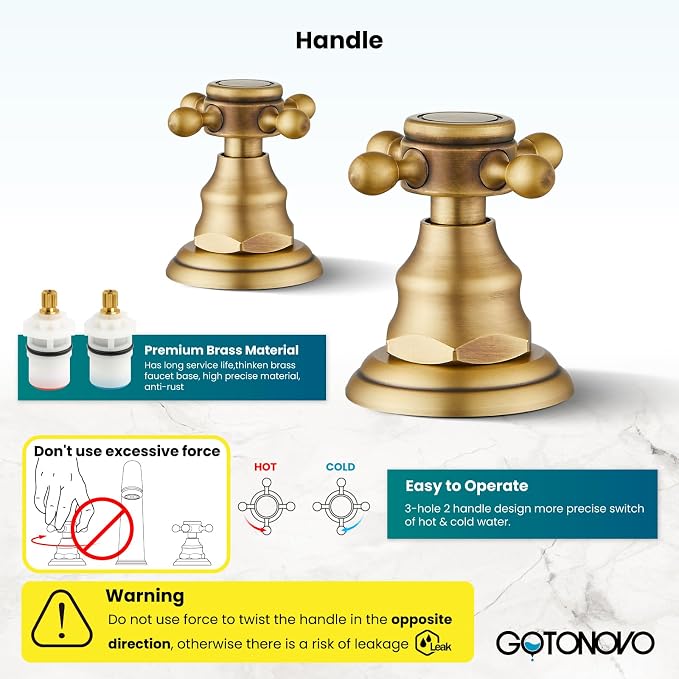 gotonovo Widespread Bathroom Sink Faucet 3 Hole Antique Brass,No Label | Vintage 8’’ Bathroom Faucet,2 Cross Handle,6-16’’ Sink,Vanity,RV,Farmhouse,SUS304,24’’ cUPC Hose,Pop Up Drain,Deck Mount