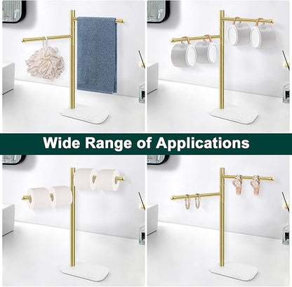 Hand Towel Holder, F-Shape Hand Towel Stand with Marble Base, Stainless Steel Swivel Hand Towel Rack Bar Standing for Bathroom Kitchen Countertop, 2 Arms (Gold)