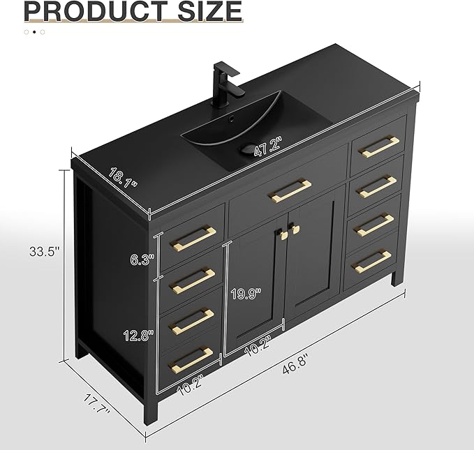 LUCKWIND 48" Modern Bathroom Vanity and Black Sink, Painted Bathroom Storage Cabinet with Single Resin Sink, Two Doors and Four Drawers, Include Faucet Without Mirror, Black