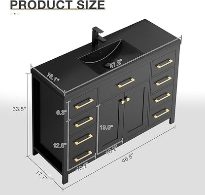 LUCKWIND 48" Modern Bathroom Vanity and Black Sink, Painted Bathroom Storage Cabinet with Single Resin Sink, Two Doors and Four Drawers, Include Faucet Without Mirror, Black