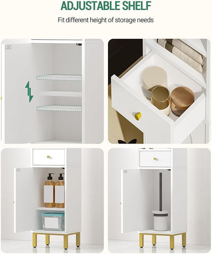 Bathroom Storage Cabinet, Corner Floor Cabinet with Drawers and Doors, Narrow Toilet Paper Holder, Bathroom Organizer with Adjustable Shelf, for Small Spaces, White BC29813GV1