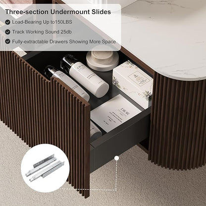 30 inch Floating Bathroom Vanity with Sink, Natural Solid Wood Modern Bathroom Vanities with Bowl Shape Ceramic Basin and Marble Top, Soft-Close Drawer, Pre-Assembled Cabinet, Dark Walnut