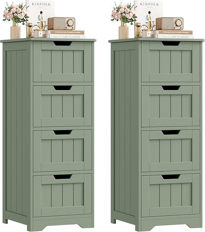 FOTOSOK Bathroom Storage Cabinet Set of 2, Bathroom Cabinet with 4 Drawers, 11.8” x 11.8” x 32.5” Freestanding Entryway Cupboard Storage Organizer Unit Home Furniture Decor, Green