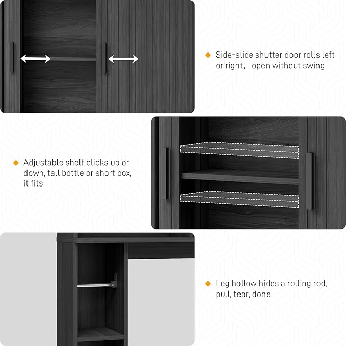 Over The Toilet Storage Cabinet,Farmhouse Toilet Cabinet Rack with 2 Tambour Sliding Doors and Toilet Paper Holder Stand，Toilet Shelf Space Saver with Towel Rack for Bathroom, Restroom,Black Laundry