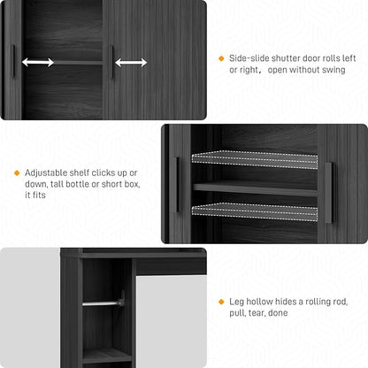Over The Toilet Storage Cabinet,Farmhouse Toilet Cabinet Rack with 2 Tambour Sliding Doors and Toilet Paper Holder Stand，Toilet Shelf Space Saver with Towel Rack for Bathroom, Restroom,Black Laundry