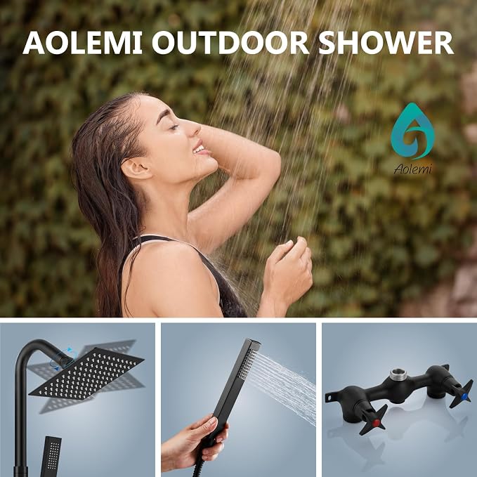 Aolemi Outdoor Shower Kit with Handheld,Square Rain Shower,Matte Black | 2-Handle Hot and Cold Control, Adjustable Height, 6-Inch Center Valve, 59-Inch Hose, Winter Drainage Outdoor Shower Fixtures