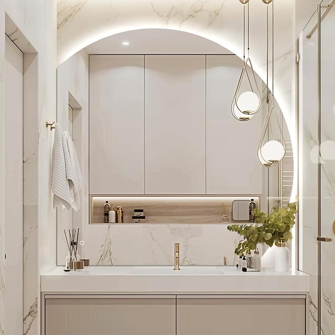 44" Half Moon LED Bathroom Mirror, Backlit Wall Mirror with Lights | Frameless Vanity Mirror with 3 Color Dimmable, Anti Fog, HD Shatter-Proof, IP65 Waterproof, Memory, CRI95+, Right/Left Cut