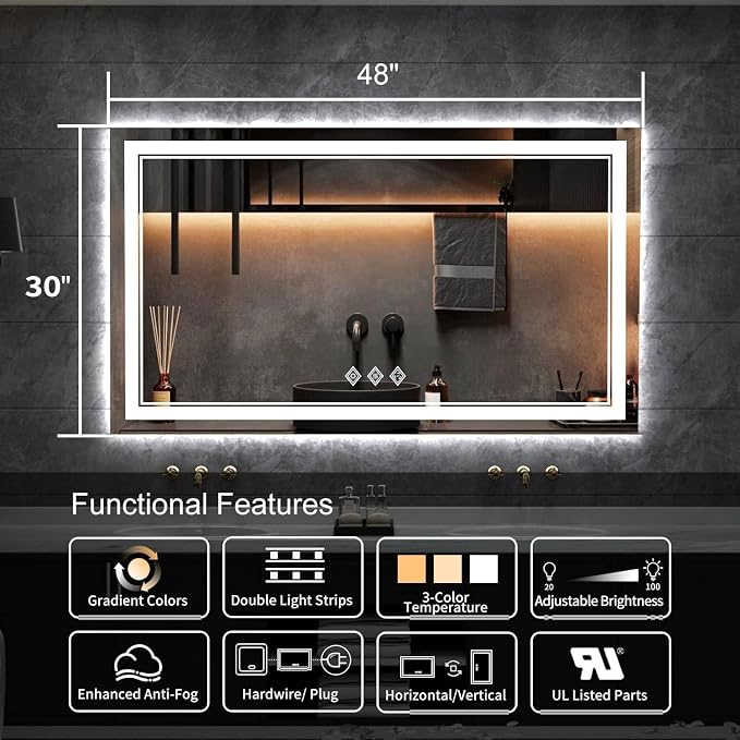 LED Vanity Mirror, 48x30 Inch Gradient Front and Backlit LED Mirror for Bathroom, 3 Colors Dimmable CRI>90 Double Lights, IP54 Enhanced Anti-Fog, Hanging Plates Wall Mount Lighted Mirror