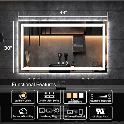 LED Vanity Mirror, 48x30 Inch Gradient Front and Backlit LED Mirror for Bathroom, 3 Colors Dimmable CRI>90 Double Lights, IP54 Enhanced Anti-Fog, Hanging Plates Wall Mount Lighted Mirror