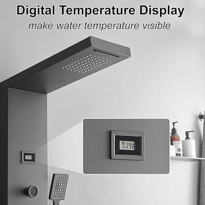 Shower Panel, Shower Tower, Bathroom Shower Panel Tower System, 6 IN 1 Shower Functions, Stainless Steel Wall Mounted, Black