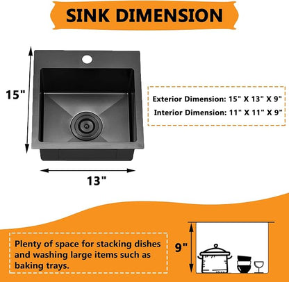 VAPSINT 13x15 Inch Black Drop In Bar Sink, Single Bowl Top Mount Handmade Gunmetal Black Wet Bar Prep RV Sink, 16 Guage Stainless Steel Outdoor Small Kitchen Sinks with Grid & Drain Strainer