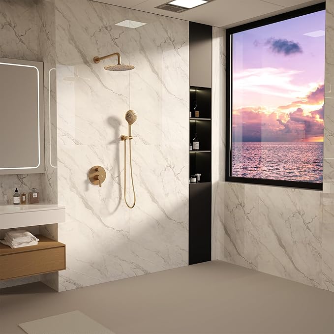Brushed Gold Shower Faucet Set with Valve 10 Inches High Pressure Shower Head Combo Set Wall Mount Rain Shower Head System with 6 Function Handheld
