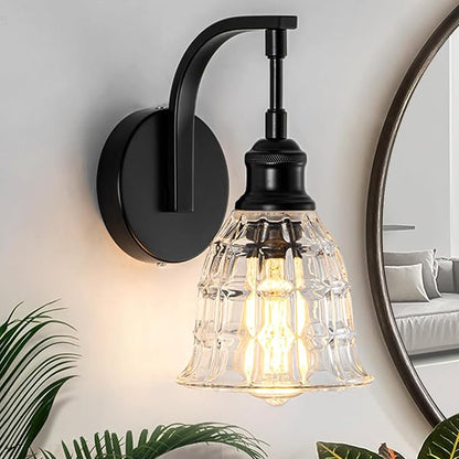 Modern Black Wall Sconce, Bathroom Vanity Fixture with Clear Glass | Vintage Vanity Light for Bathroom, Indoor Wall Lamps for Living Room Bedroom Kitchen Hallway Stairway E26 Hardwire