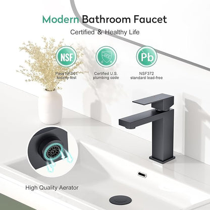 Faustina Matte Black Bathroom Faucet, Single Handle Stainless Steel Bathroom Vanity Faucet with Metal Pop-Up Drain and Deck Plate for 1 or 3 Hole