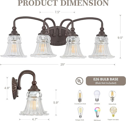 4-Light Vintage Bathroom Light Fixtures, Oil Rubbed Bronze | Vanity Lights Over Mirror with Floral Glass Shade for Bathroom Powder Room, Living Room Hallway
