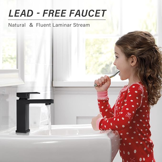 Solid Brass Black Bathroom Faucet, cUPC & CEC Certified 1 Hole Faucet for Bathroom Sink, Lead-Free Single Hole Bathroom Sink Faucet with Water Supply Hoses & Pop Up Drain Stopper