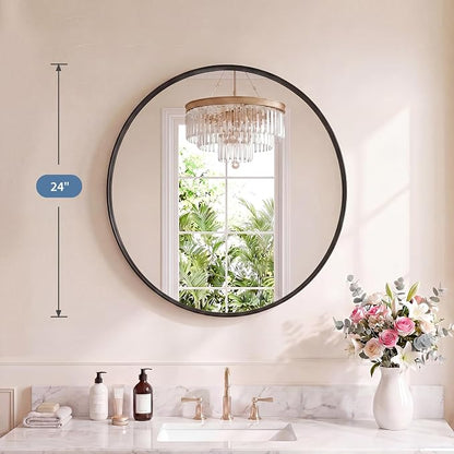 DUMOS Round Wall Mirror 24 Inch, Bathroom Wall Circle Mirror | Bathroom Decor for Entryway, Living Room, Vanity, Metal Frame, Tempered Glass, Anti-Rust, Hanging or Leaning, Black