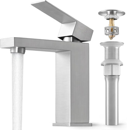 KES All Metal Brushed Nickel Bathroom Sink Faucet with Sink Drain NO Overflow, 1 Hole Single Handle Bathroom Vanity Faucet, Stainless Steel, cUPC NSF Certified, L3156ALFF12-BS-C2
