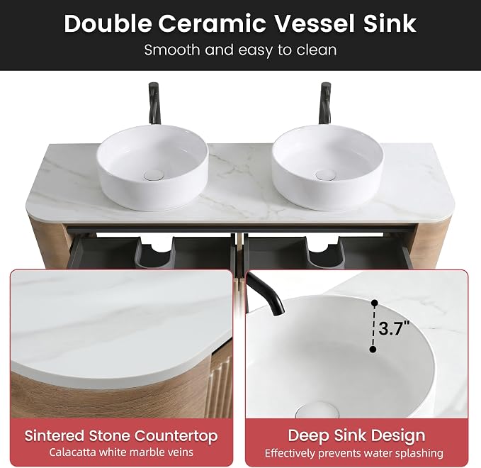 60" Floating Bathroom Vanity with Double Vessel Sink, Honey Oak | Pre-Assembled Fluted Wall Mounted Vanity with Ceramic Sink, Sintered Stone Countertop, Soft-Close Drawer & Towel Rack