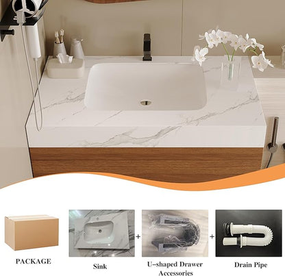 30 inch Modern Floating Bathroom Vanity with Ceramic Sink and Faux Marble Countertop, Wall-Mounted Bathroom Sink Cabinet with 2 Soft Closing Drawers for Bathroom, Powder Room, Apartment, Walnut