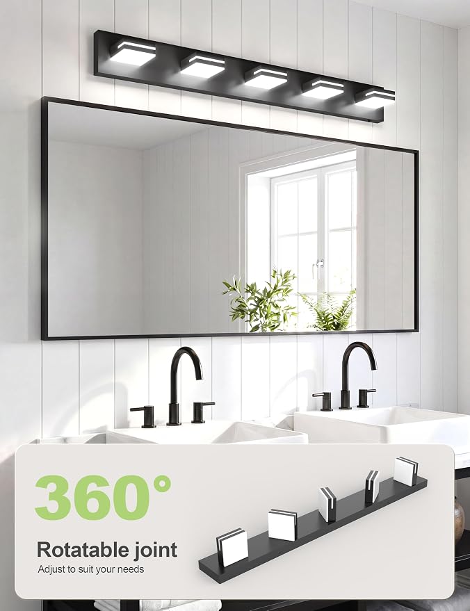 VOLISUN Modern 5-Light, 40-Inch Black Bathroom Vanity Light Fixtures, 360 Rotatable Head, LED Vanity Lights for Bathroom
