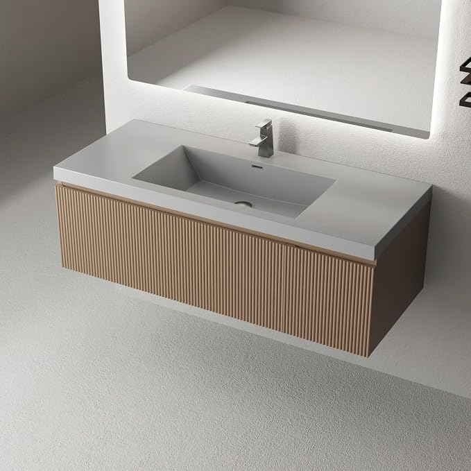 48 Inch Floating Bathroom Vanity with Sink, Wall-Mounted Striped Storage Cabinet with Soft-Close Drawer, Glossy White Solid Surface Basin, Fully Assembled, Natural Oak Finish