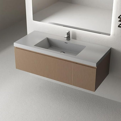48 Inch Floating Bathroom Vanity with Sink, Wall-Mounted Striped Storage Cabinet with Soft-Close Drawer, Glossy White Solid Surface Basin, Fully Assembled, Natural Oak Finish