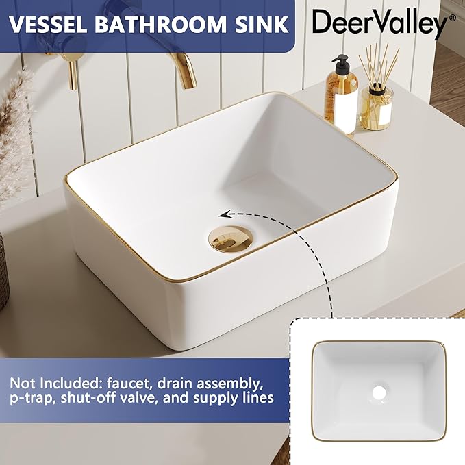 DeerValley Liberty 16x12 Inch Rectangular Vessel Sink, White Ceramic Basin with Gold Band, Above Counter Bathroom Sink, DV-1V0366