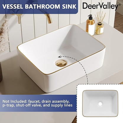 DeerValley Liberty 16x12 Inch Rectangular Vessel Sink, White Ceramic Basin with Gold Band, Above Counter Bathroom Sink, DV-1V0366