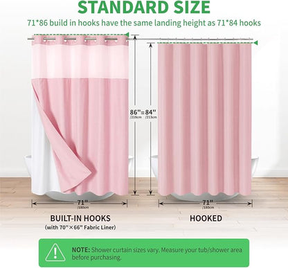 eachope No Hook Linen Texture Shower Curtain with Snap-in Liner,71x86 Pink | Extra Long,230GSM Thick Fabric,Hotel Luxury Decor,Mesh Top Window,Bottom Magnetic,Waterproof & Machine Washable,for Bathroom