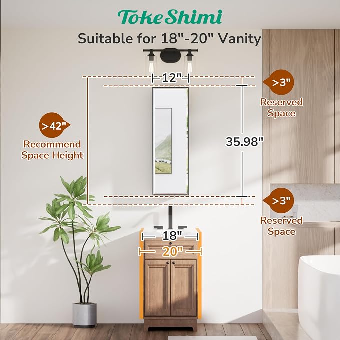 TokeShimi 12x36 Recessed Medicine Cabinet with Mirror Surface Mount, Bathroom Beveled Mirror with Storage Adjustable, Aluminum Framed Metal Brushed Nickel Medicine Cabinet Mirrored