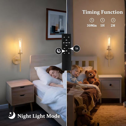 Shenmoyl Battery Operated Wall Sconces Set of 2, Beech Color Rechargeable Wall Lighting Fixtures, Dimmable Wall Lights with Remote & Clear Glass Shade for Living Room, Bathroom,Bedroom