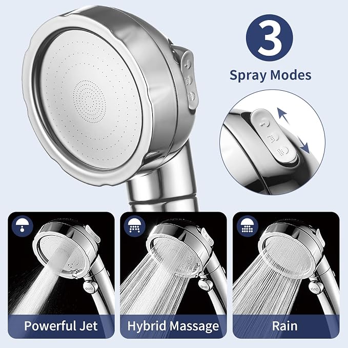 HANLIAN Chrome On/Off High Pressure Handheld Shower Head for RV Camper | 3 Spray Modes Shower Head with Pause Button, Water Saving Shower Head with Hose and Adjustable Self-adhesive Holder