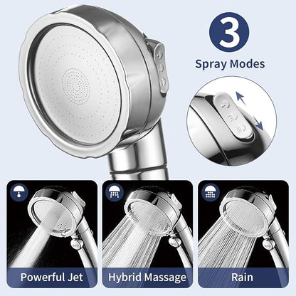 HANLIAN Chrome On/Off High Pressure Handheld Shower Head for RV Camper | 3 Spray Modes Shower Head with Pause Button, Water Saving Shower Head with Hose and Adjustable Self-adhesive Holder
