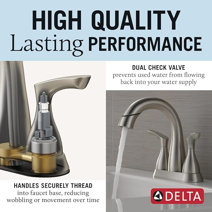 Delta Broadmoor Centerset Brushed Nickel Bathroom Faucet with Sprayer, 4 Inch 3 Hole Bathroom Sink Faucet with Pull Out Sprayer, Push-Pop Drain, Stainless 25765LF-SSPD