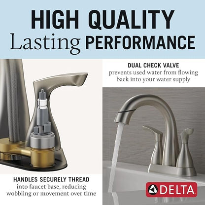Delta Broadmoor Centerset Brushed Nickel Bathroom Faucet with Sprayer, 4 Inch 3 Hole Bathroom Sink Faucet with Pull Out Sprayer, Push-Pop Drain, Stainless 25765LF-SSPD