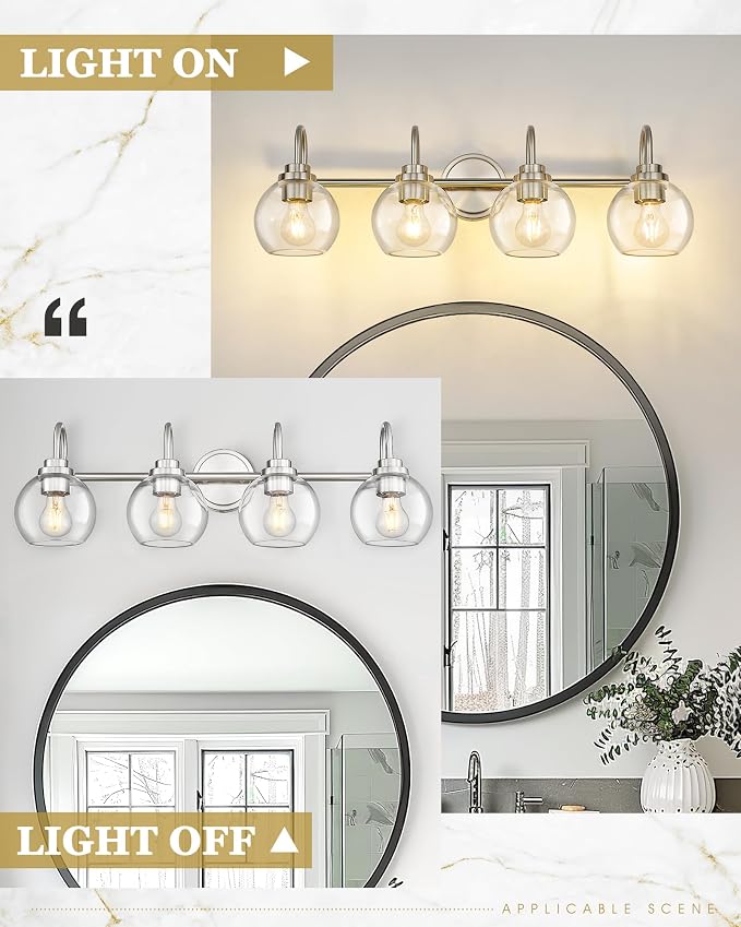 Bathroom Light Fixtures, 4-Light Brushed Nickel Vanity Lights Over Mirror with Globe Clear Glass, 30 Inch Modern Vanity Lighting Fixtures, AD-22280-4W-SN