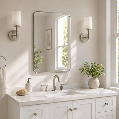24x36 Inch Brushed Nickel Rounded Rectangle Bathroom Vanity Mirror | For Over-Sink Bathrooms, Corrosion-Resistant Aluminum Frame, Slim Front Profile, Two-Way Mount, Protective Packaging