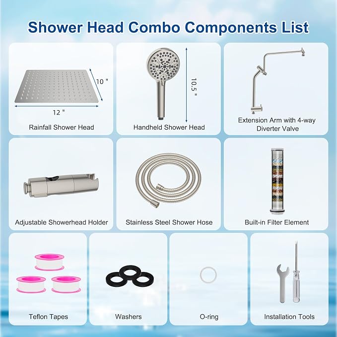 Metal 12" Rain Showerhead with 10-Spray Handheld, Easy Reach 4-way Diverter | Brushed Nickel Finish, Upgraded High Pressure Shower Head with Pause Mode, 71" Stainless Steel Hose/12" Extension Arm