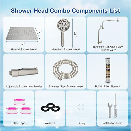 Metal 12" Rain Showerhead with 10-Spray Handheld, Easy Reach 4-way Diverter | Brushed Nickel Finish, Upgraded High Pressure Shower Head with Pause Mode, 71" Stainless Steel Hose/12" Extension Arm